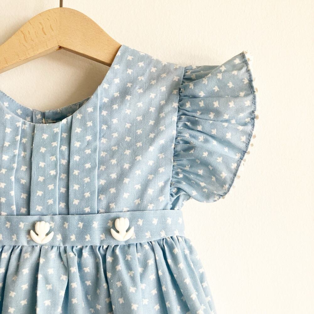 VTG Girls 2T Tulip Dress Applique Ruffle Pintuck Buttons Tie Blue Print 70s 80s - Picture 2 of 6